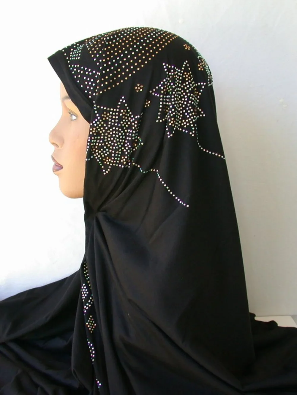 Women's Ebony Black Rhinestone Fashion Jersey Scarf 28 x 70 Headwrap  Hijab